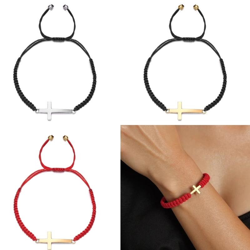 Adjustable Woven Crucifix Bracelet for Fashionable Couple Braided Rope Handchain Trendy Unisex Wristband Accessories