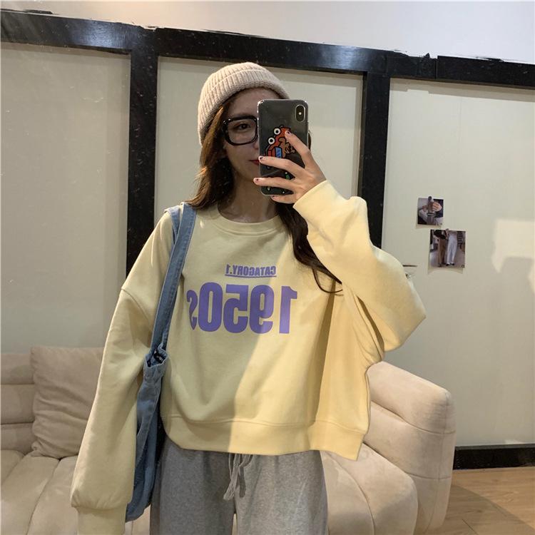 Ladies Loose Letter Printed Short Hoodie Autumn O-neck Long Sleeve Casual Sweatshirt