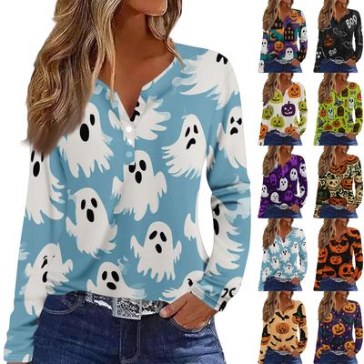 Women's Casual Halloween Print V-Neck Long Sleeve T-Shirt with Decorative Buttons