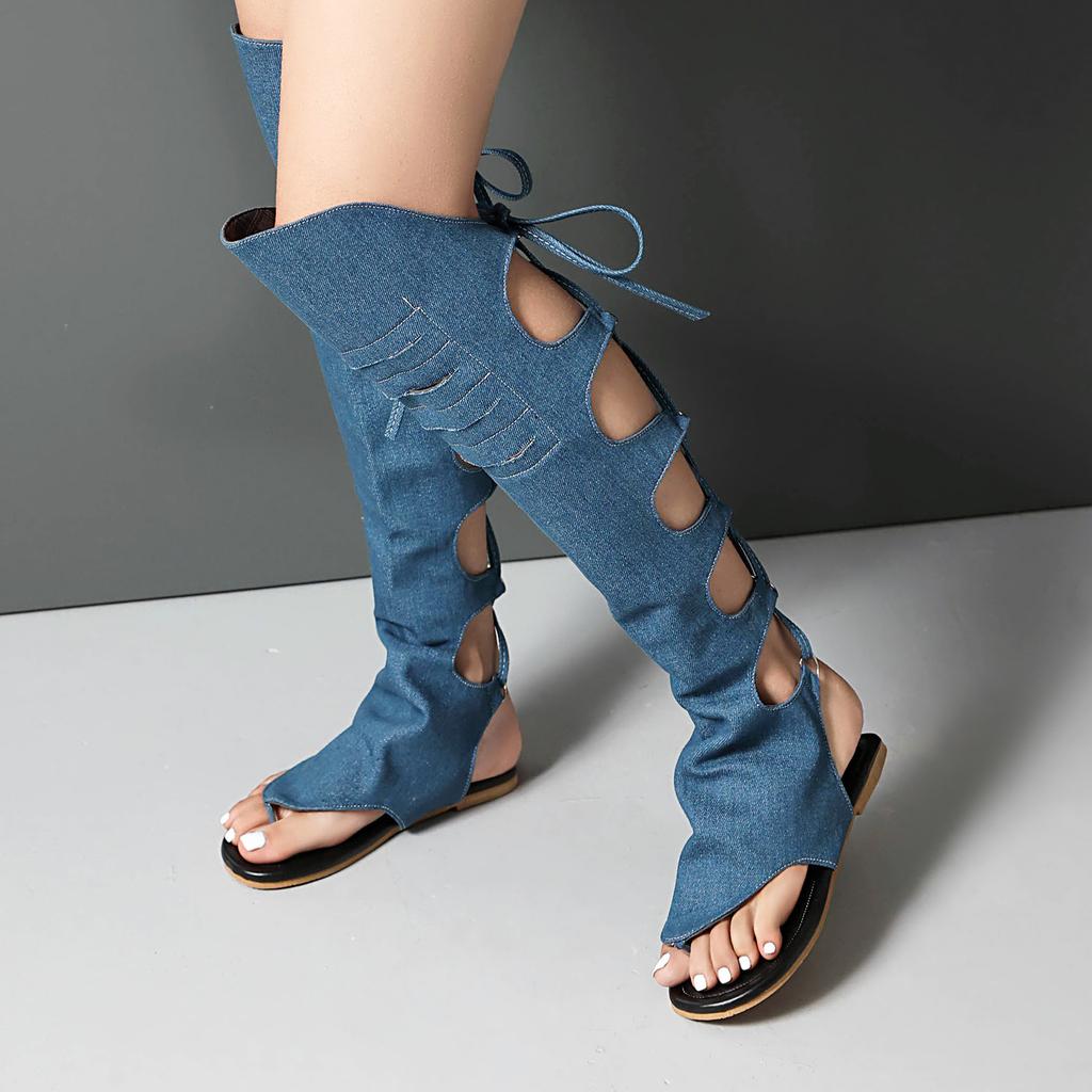 New Lace-up Hollow Non-mainstream High Tube Toe Cool Boots Long Boots Flat Heel Casual Boots Large Size Boots