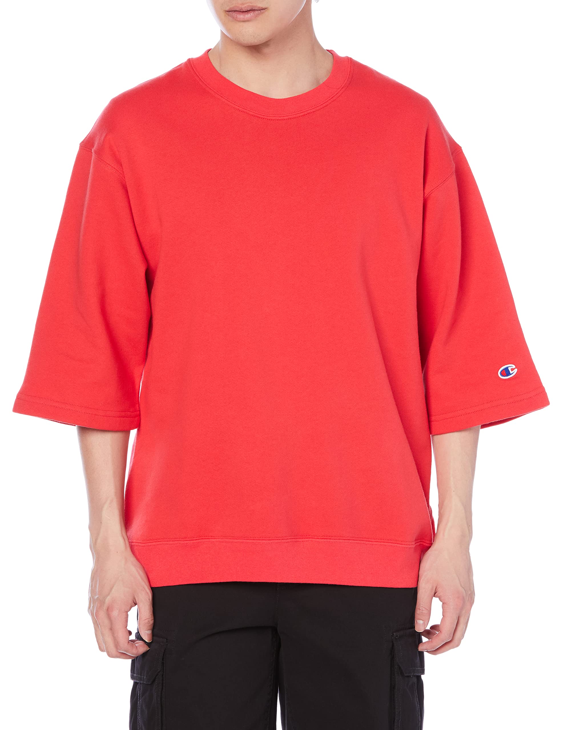 

Champion Crew Neck Loose Made in Size Men s Half-Sleeve Sweatshirt, 9oz, Fleece-Lined, Fit, Oversized, USA, Scarlet, M, C5-V002 алый