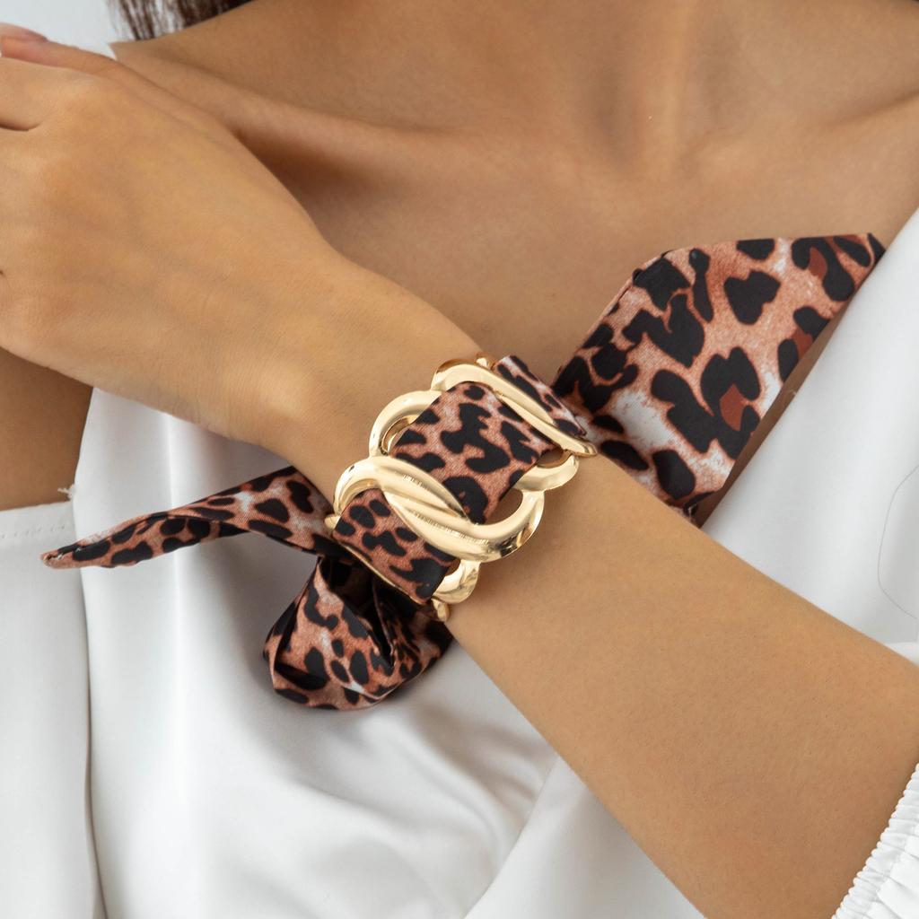 Accessories, new leopard print hollowed-out fabric ribbon open bracelet, French retro geometric bracelet jewelry women