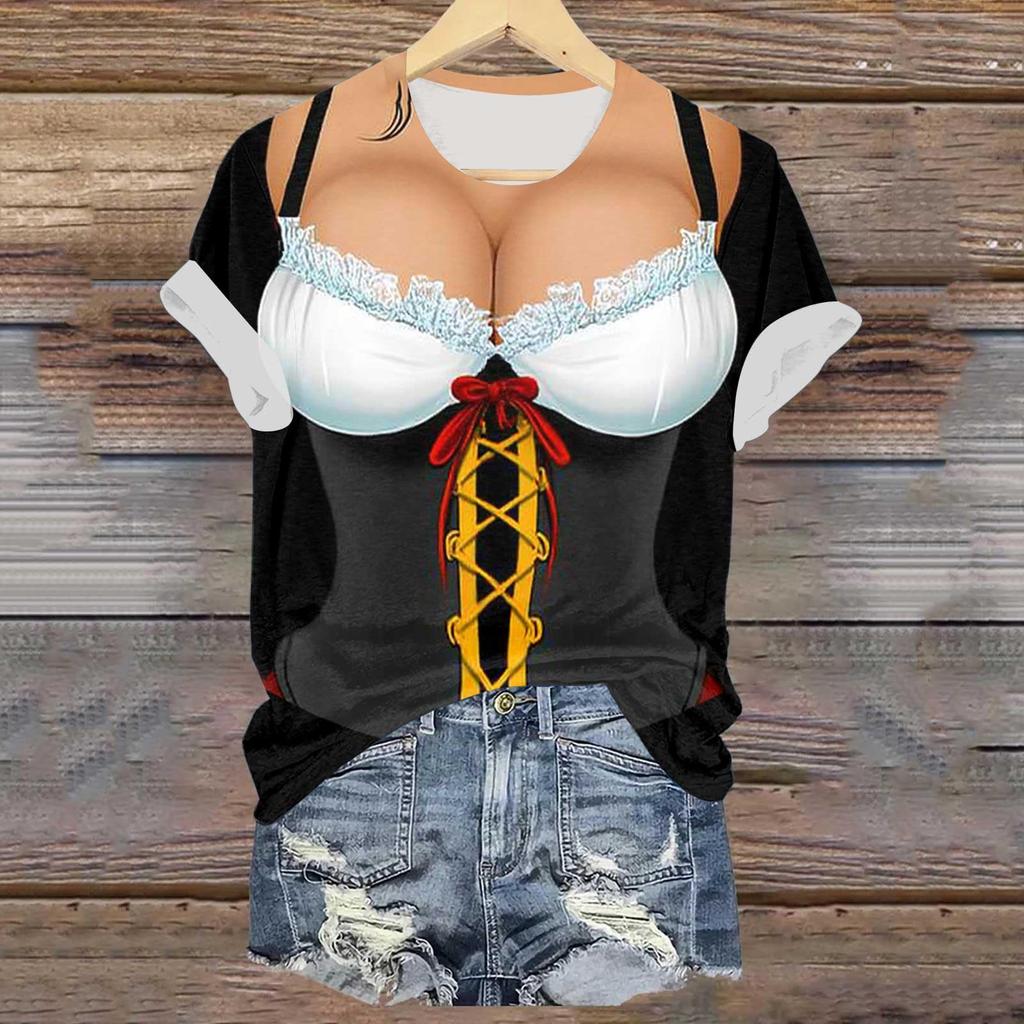 Womens Casual Pullover T Shirt Short Sleeve Round Neck Top Oktoberfest Beer Festival Print Tee Shirt