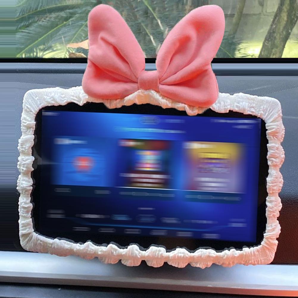 Universal Retro Bow Car Screen Protector Cover Stretch Soft Plush Dashboard Border Touchscreen Protection Set Interior Decor