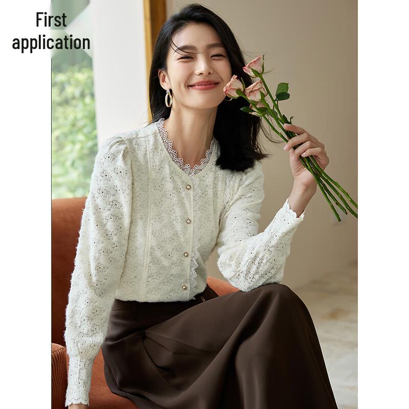 Elegant French Lace Pearl Button Long Sleeve Blouse S