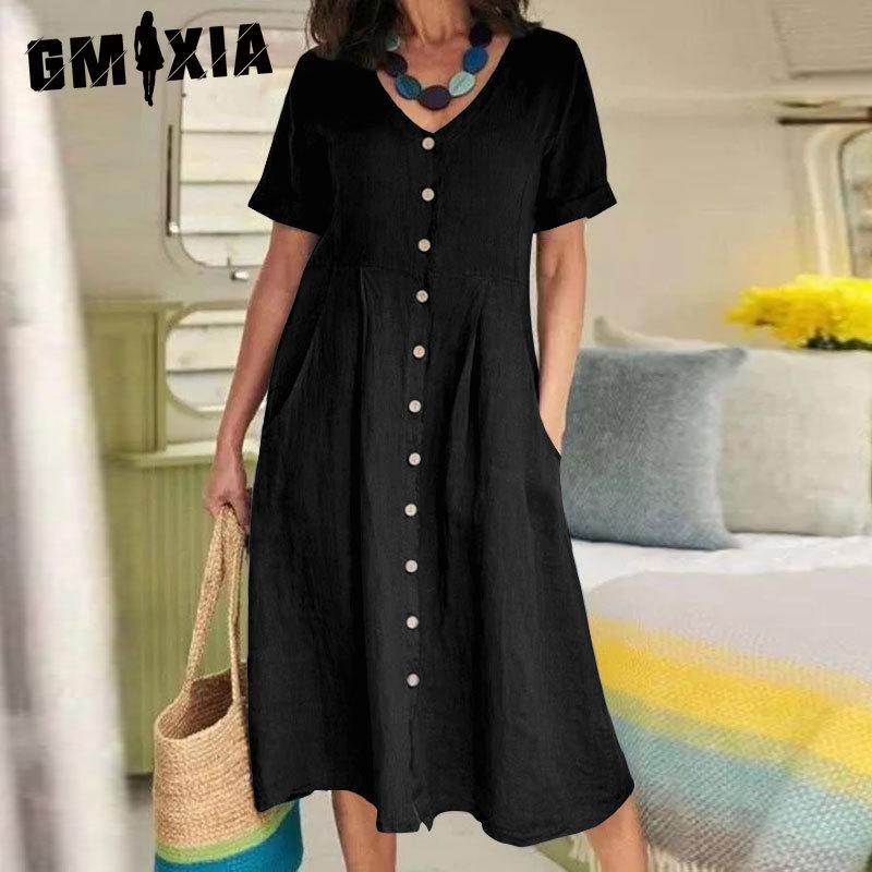 GMXIA Dame Sommer Casual Bomull V-hals Kort Erm Knappekjole
