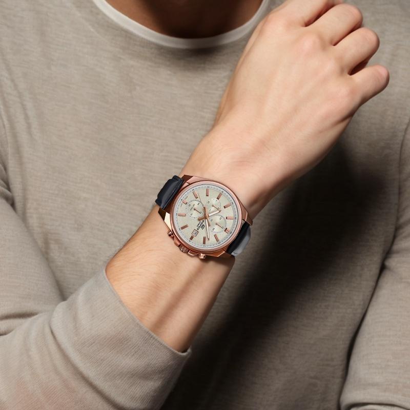Casio EDIFICE Quarzwerk Lederarmband Japanische und Koreanische Uhr Herrenuhr Goldzifferblatt EFV-610CL-7AV