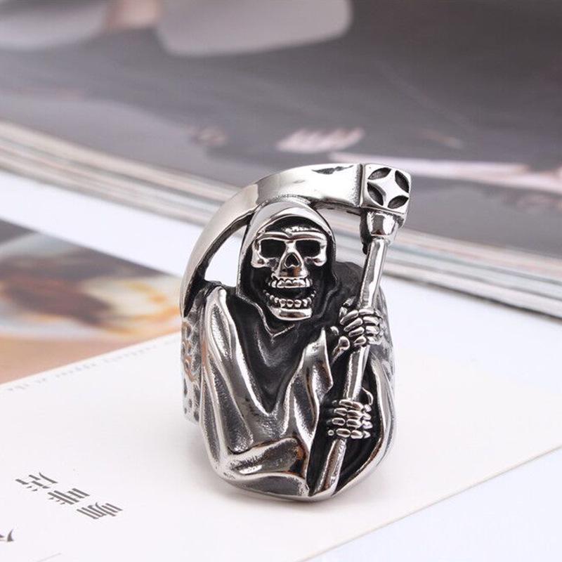 Men's Grim Reaper Scythe Skull Ring in Retro Titanium Steel