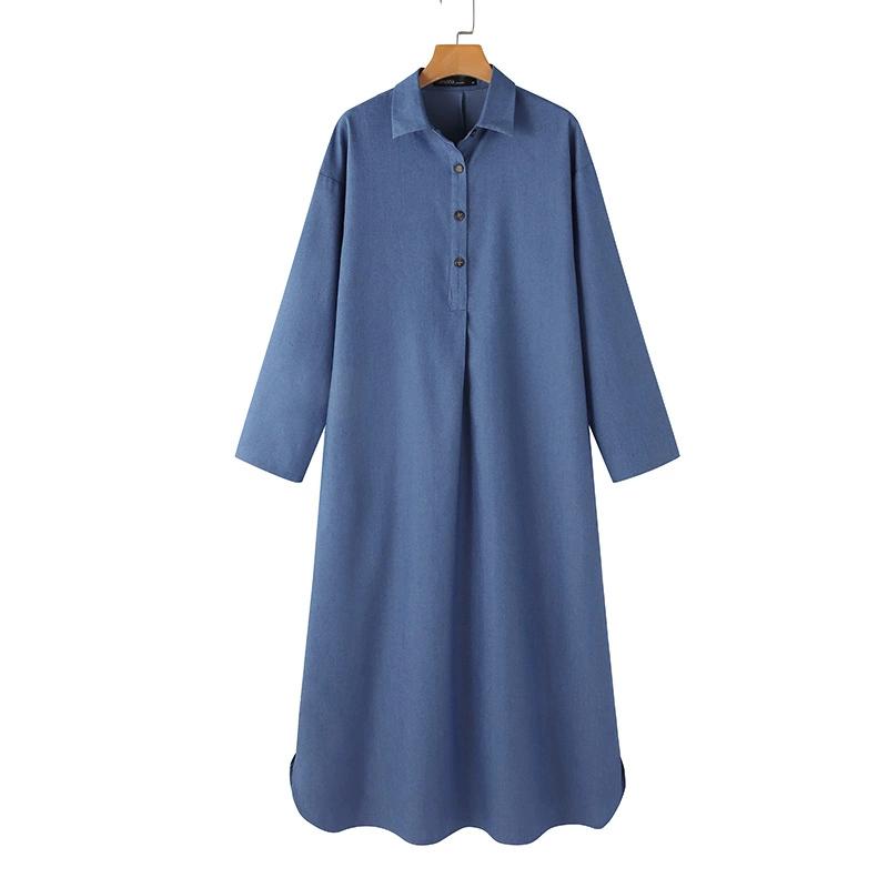 Women's Shirt Dresses Turn Down Collar Long Sleeve Solid Color Long Dresses