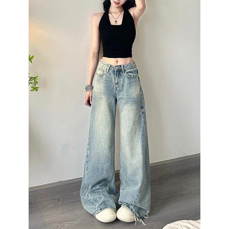 

Small Water Washed Hole Wide Leg Denim Female Stylish Low Waist Loose Slimming and All-Matching Straight-Leg Trousers Summer Blue pants 156-165 XL