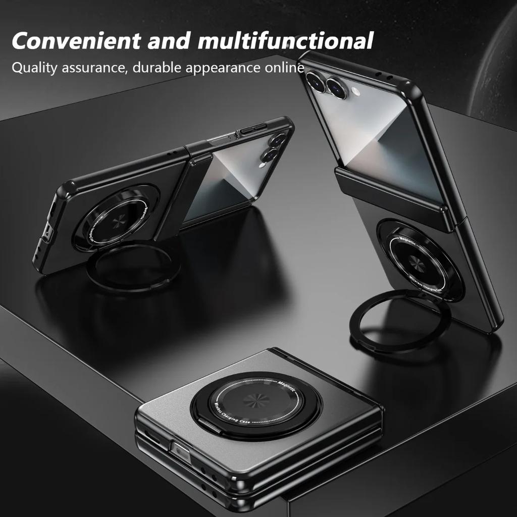 360 Rotating Ring Holder Magnetic Phone Case for Samsung Galaxy Z Flip 7 6 5 4 3 Flip7 with Tempered Film Hinge Protection Cover