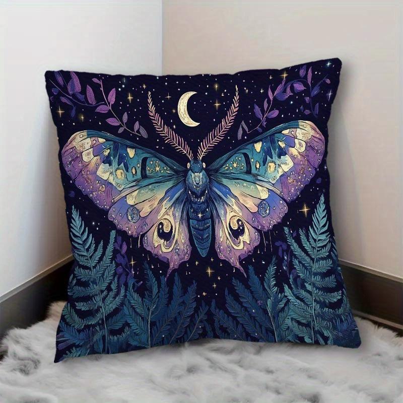 Bohemian Style Moth And Crescent Moon Pillowcase Soft Polyester Fabric Machine Washable Suitable For Sofa Living Room Office