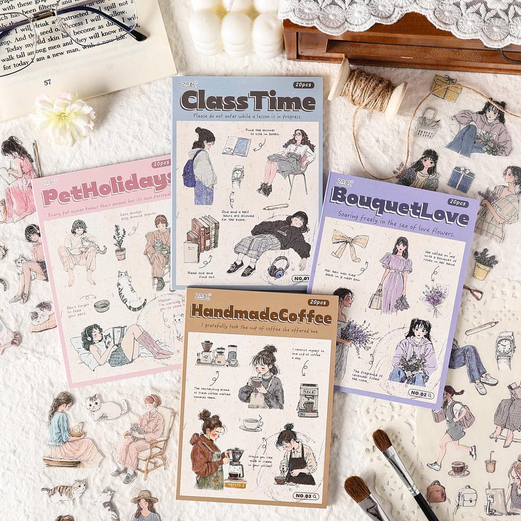20 Sheets PET Die cut Stickers book Cartoon girl characters Decorative handmade Craft Material Diary Album Scrapbooking Supplies