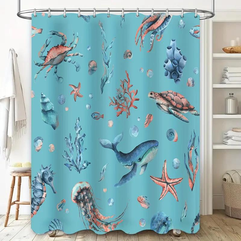 Vibrant Underwater Life Shower Curtain Set Blue Seaweed Marine Animal Pattern for Bath Decor 3D Printed Waterproof Shower Cloth