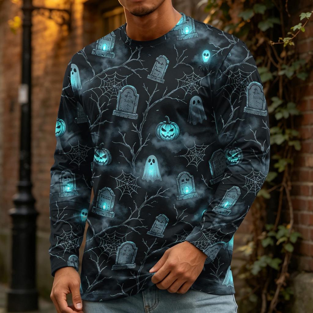 Men's Halloween Print Fashion Neck Long Sleeve T-Shirt