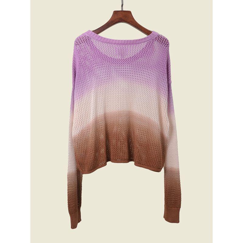 Foreign Trade Original Order Card Missing Pure Cotton Gradient Color Long Sleeves Cut Out Knitwear Loose Version Pullover Tops