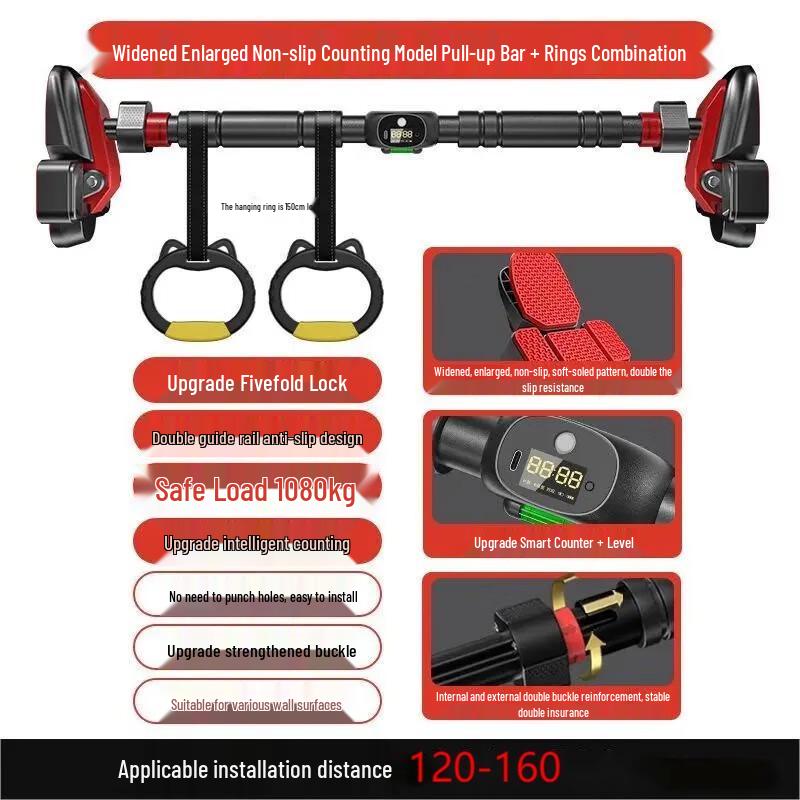 WEZHO Punch-Free Doorway Pull-Up Bar with Timer and Rings