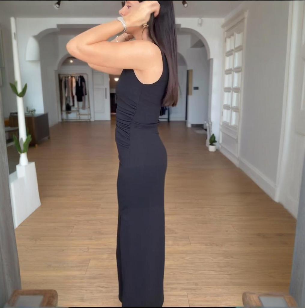2025 Summer European and American Sleeveless Pleated Slim-Fit Solid Color Sexy Dress