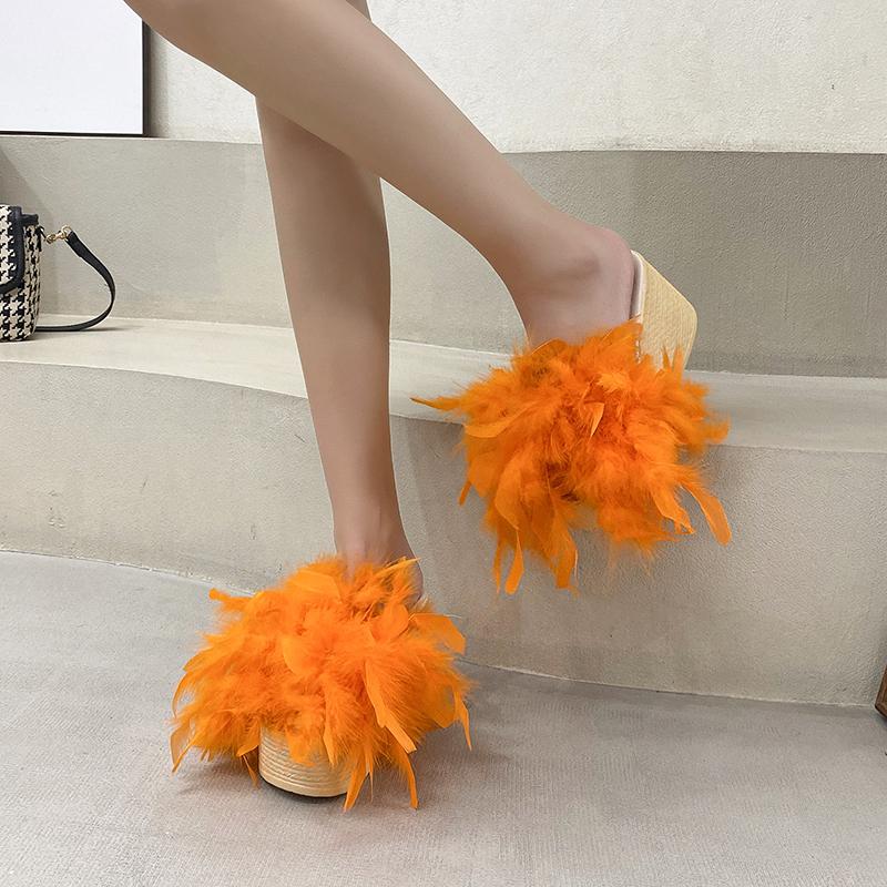 Fashion Aphixta New 7CM Wedge Heel Slides Colorful Real Fur Women Slippers Furry Summer Shoes Platform Hair Slides Big Size 43 Sandals