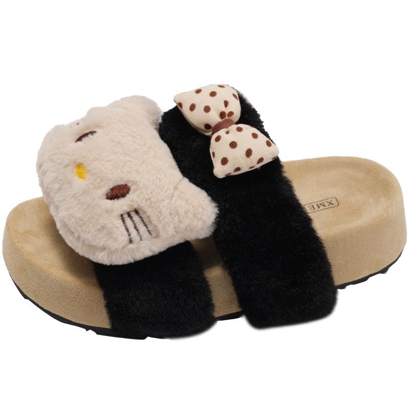 Popular Black Retro French Thick-soled Fluffy Slippers Women's 2025 New Autumn and Winter Wear with Skirts Cute Slippers