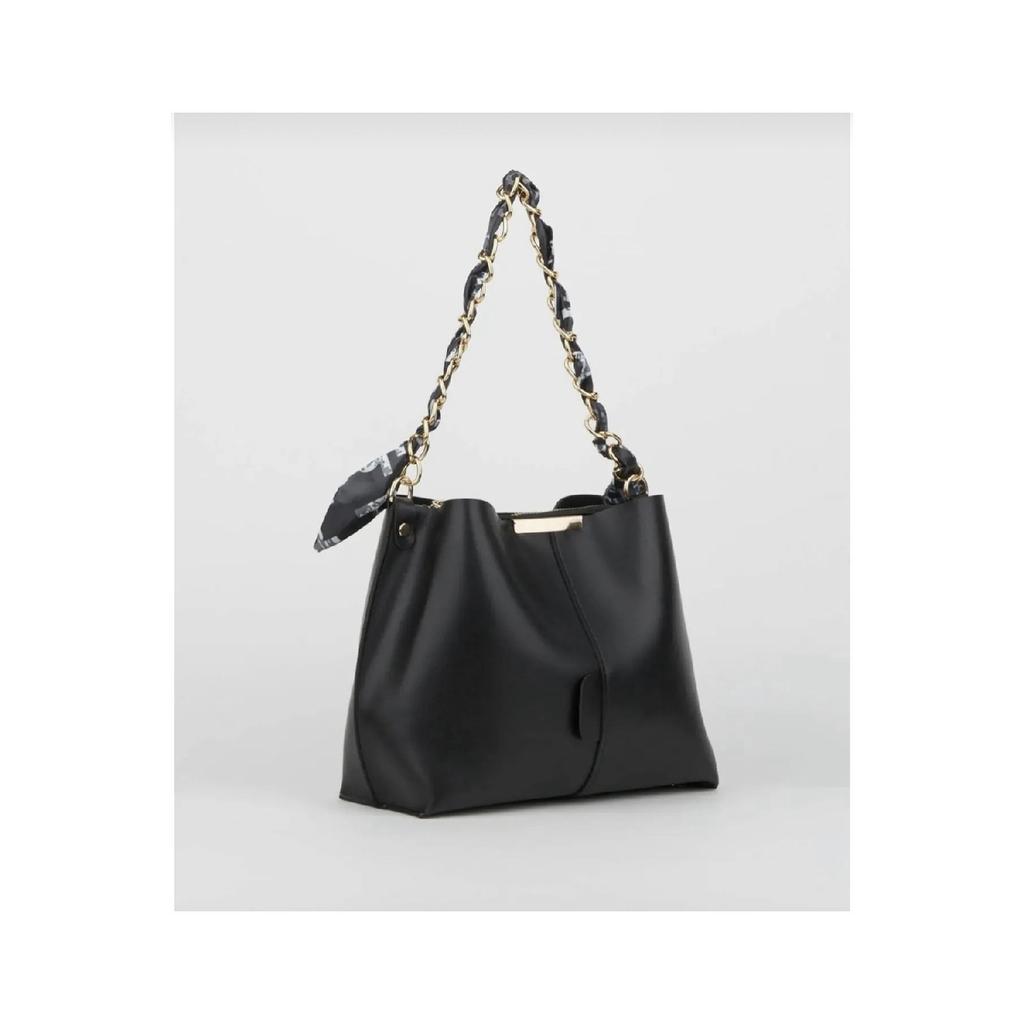 Women's Black Scarf Chain Accessory Soft Leather 3 Compartment Handbag And Shoulder Bag