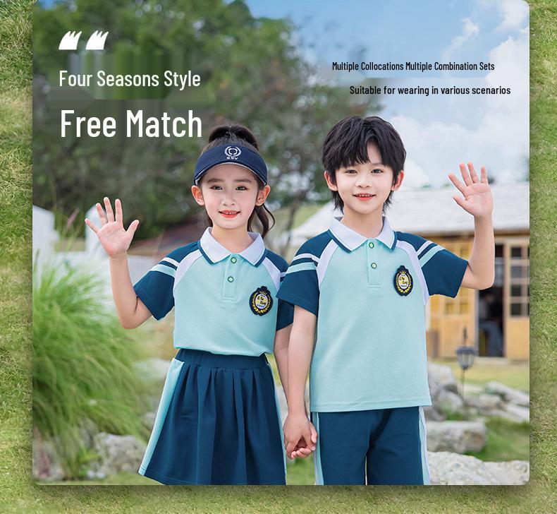Dětská školní uniforma set: Letní třídílné a jarní/podzimní čtyřdílné varianty pro sport a nošení do třídy
