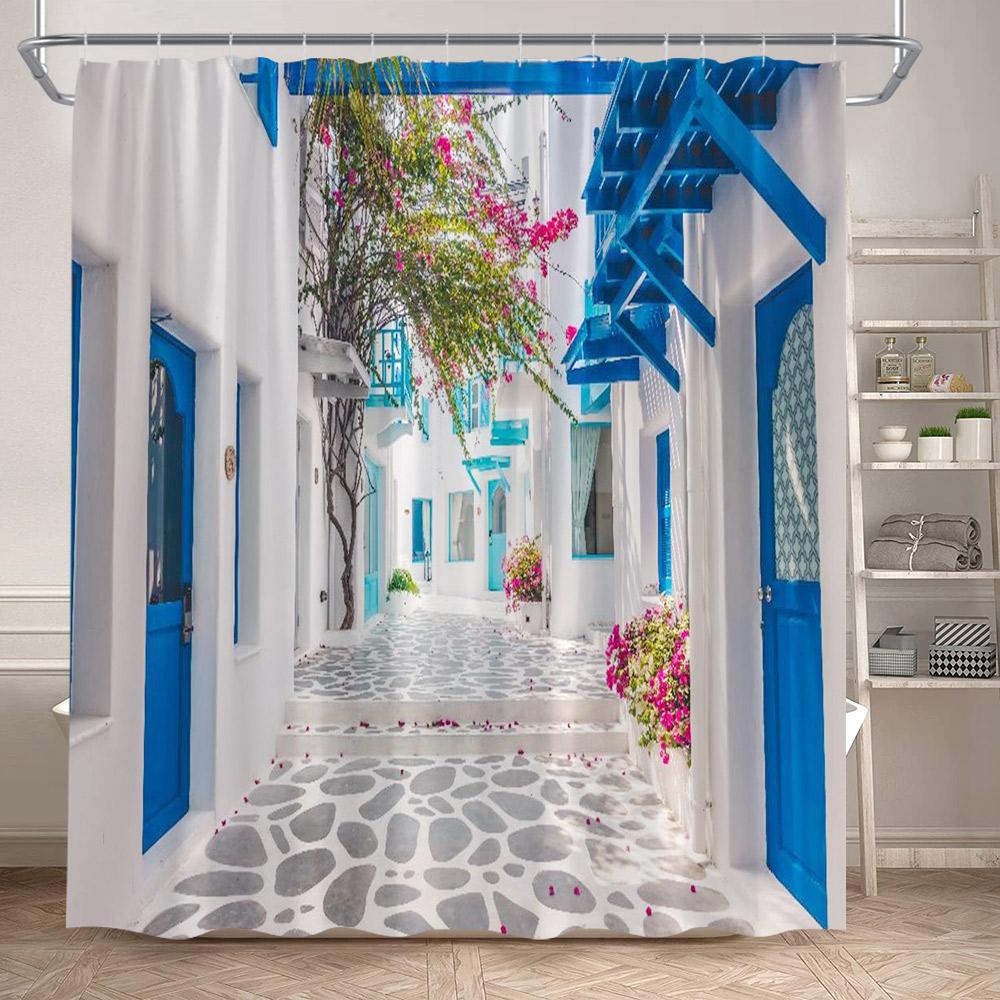 Seaside Townscape Shower Curtain Mediterranean Blue White Architectural Natural Flowers Ocean Polyester Bathroom Curtains Decor