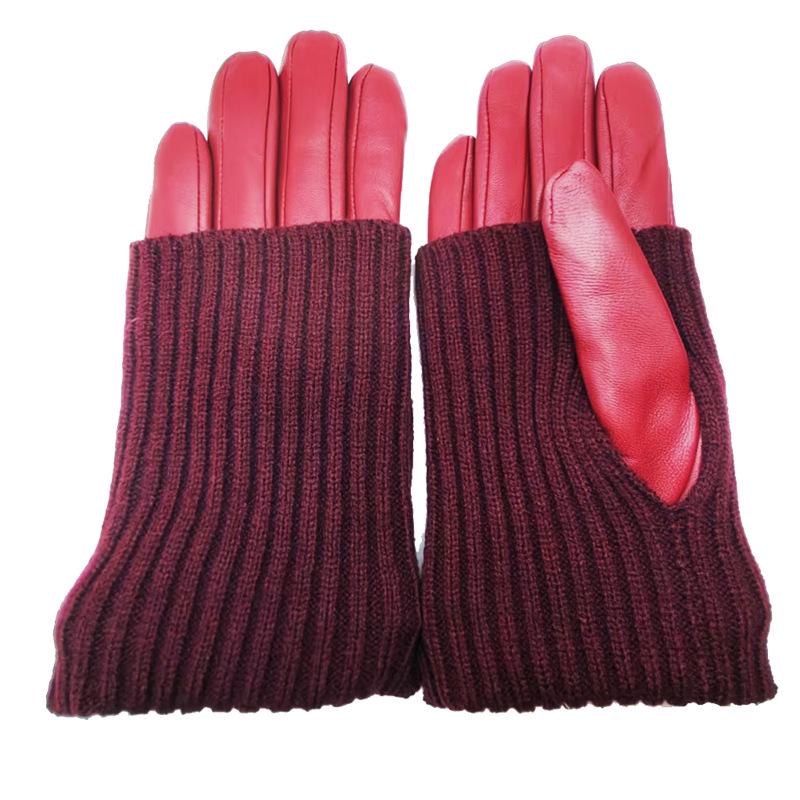 Damen Strick-Rippen-Lederhandschuhe: Herbst/Winter Warm Radfahren Plus Samt Echtes Leder