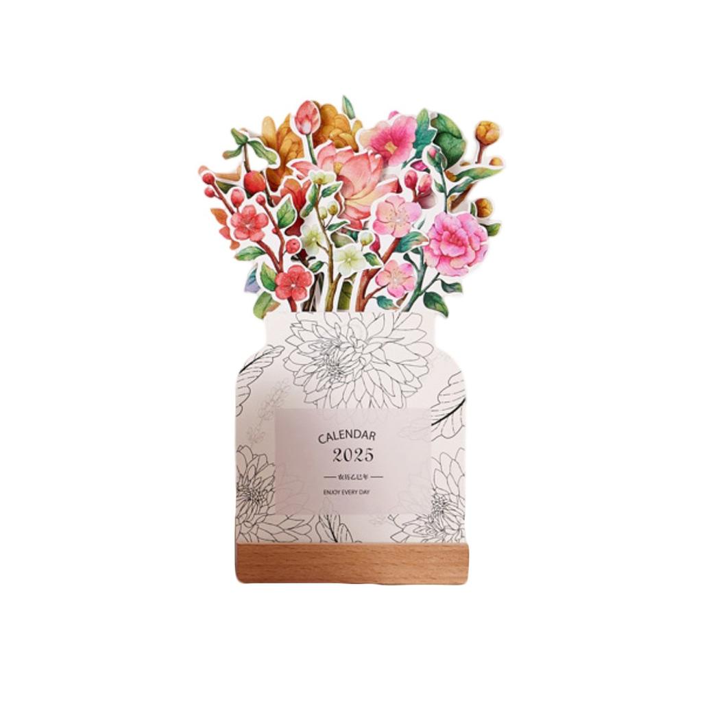 Desk Calendar 2025, Creative Flower Desk Calendar With Wooden Base, Vase Shaped New Year Monthly Calendar Planner, Standing Flip Decorative