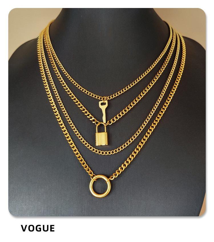 Women's Retro Multi-layer Necklace with Round Ring & Heart Lock Charm - Thick Clavicle Chain Accessory
