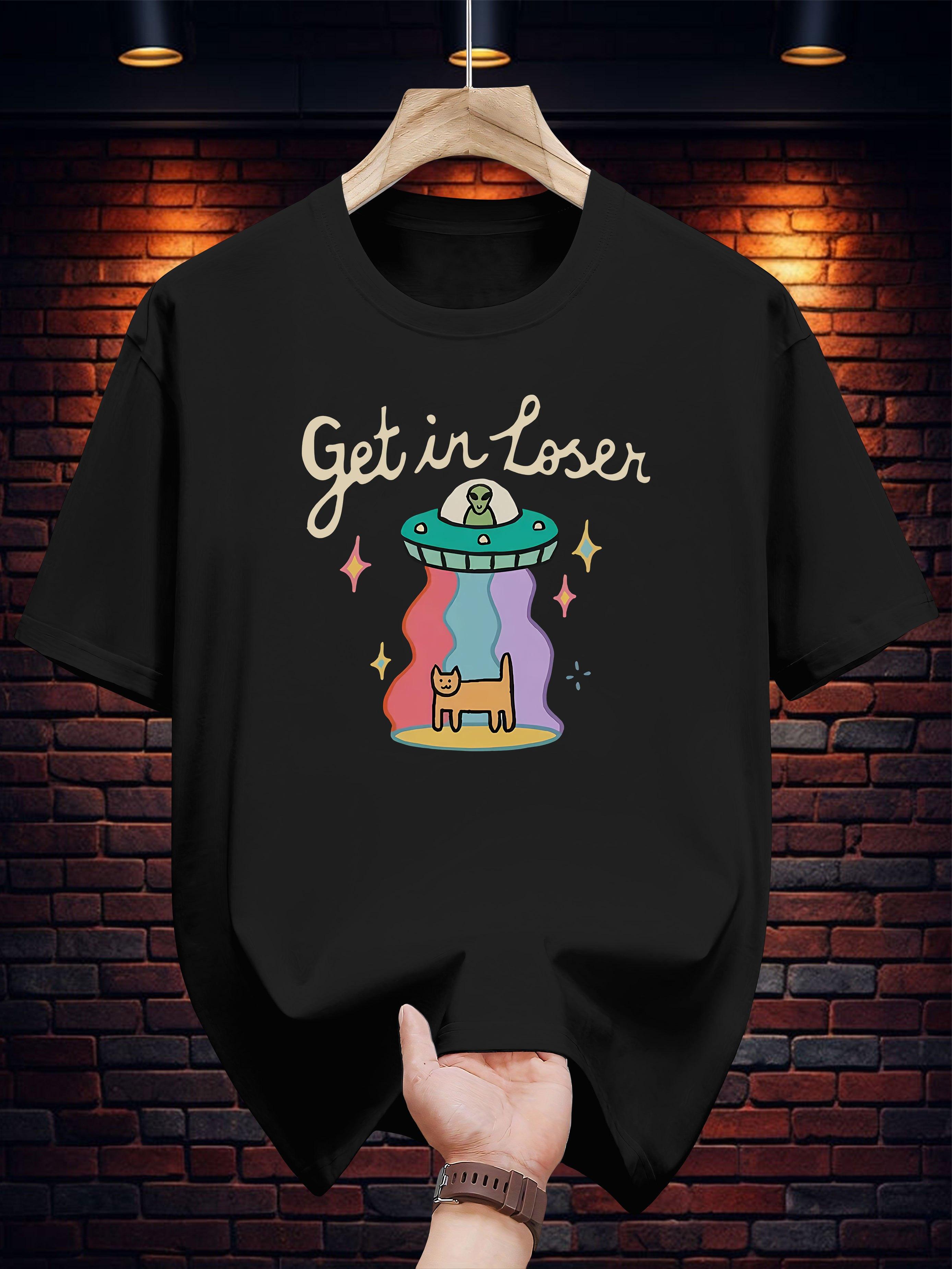 

Graphic T-shirt for Men & Women - Navy Blue Casual Short Sleeve Tee with Get In Loser Alien UFO Cat & Rainbow Print L