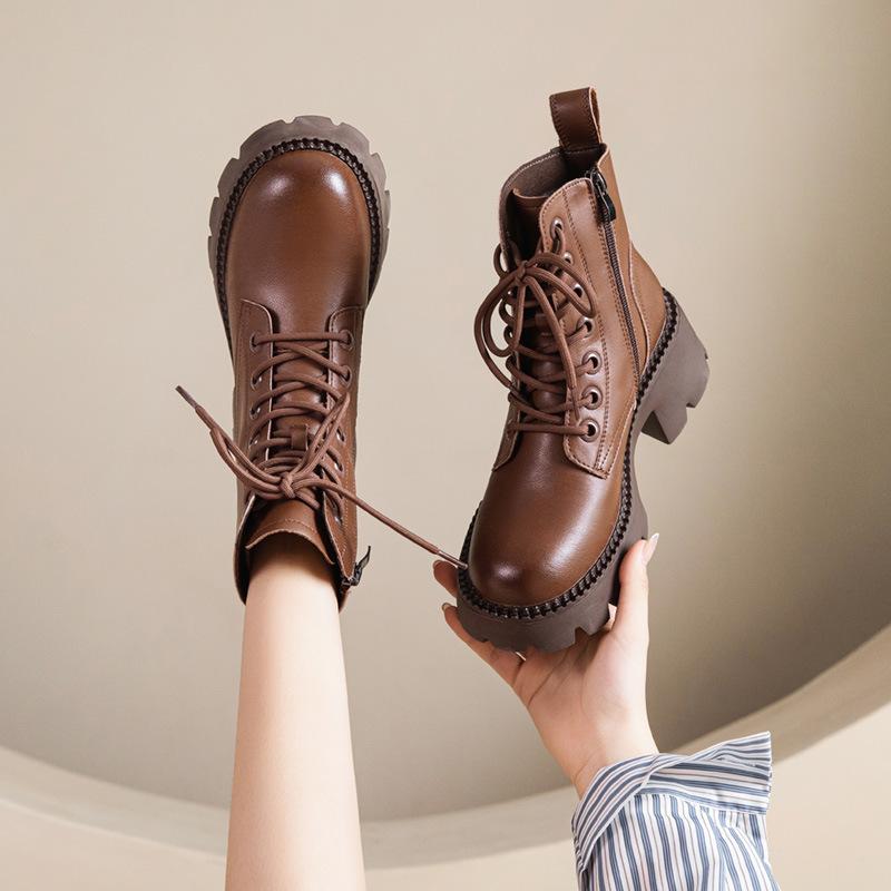 Women New Fashion Short Boots Women Cowhide Retro British Style Ankle Boots Casual Zipper High Heels Thick Soled Women Shoes