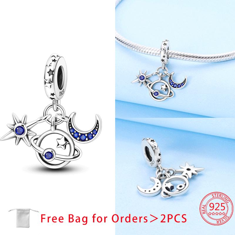 Moon Stars Planets Shining Zircon Beads Pendant Fit Women Diy Copper Charms Jewelry Original Bracelet Fine Delicate Gift