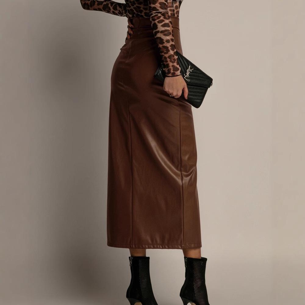 High Waist Leather Slit Midi Skirt - European & American Style, Slimming Bodycon, Solid Color