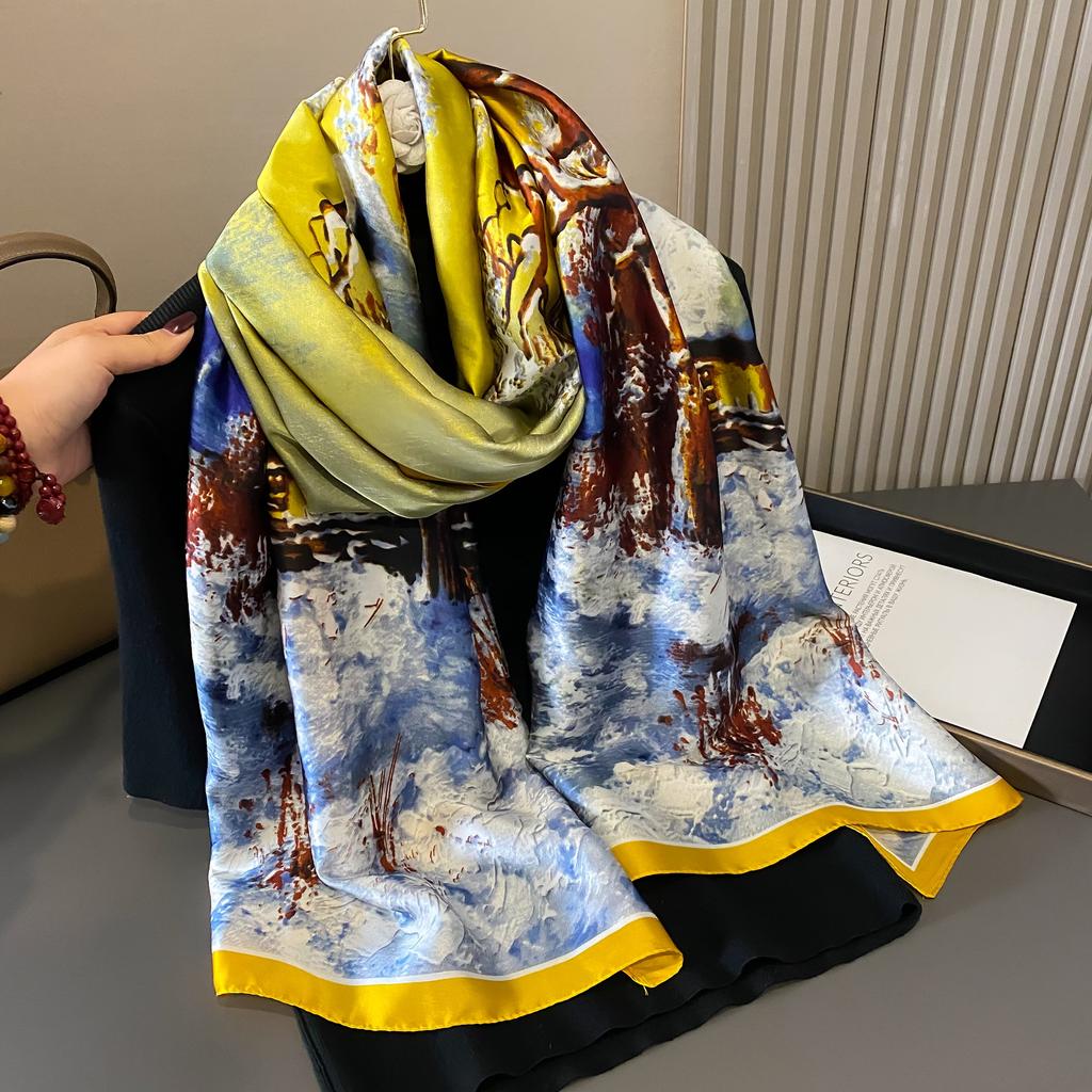 180X90Cm The Four Seasons Scarves Fashion Satin Finish Warm Shawls  Print  Hijab Women Popular Design Silk Scarf
