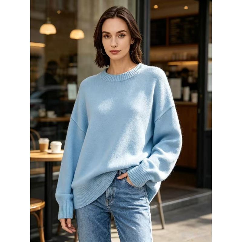 European and American Knitted Sweater Women's Loose Round Neck Solid Color Long Sleeve Thickened Large Size Autumn and Winter Casual Pullover