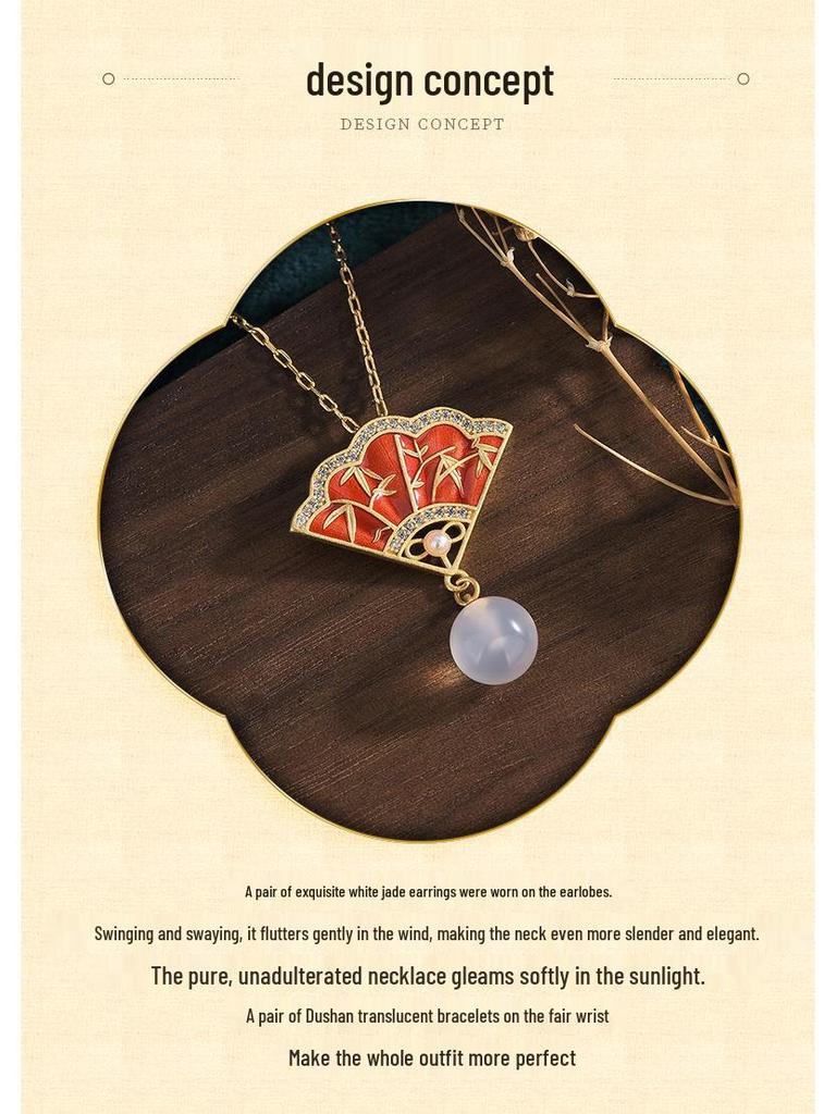 Cloisonné Fan-Shaped Chalcedony Agate Necklace 