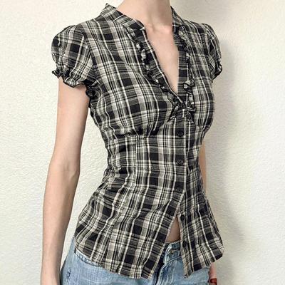 Cardigan Botão-a-Botão College Xadrez Vintage Decote V Franzido Cintura Ajustada Spice Girl Top Básico