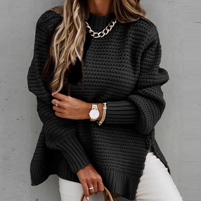 Damen Pullover mit langen Ärmeln, lockerer Strickpullover, einfarbig