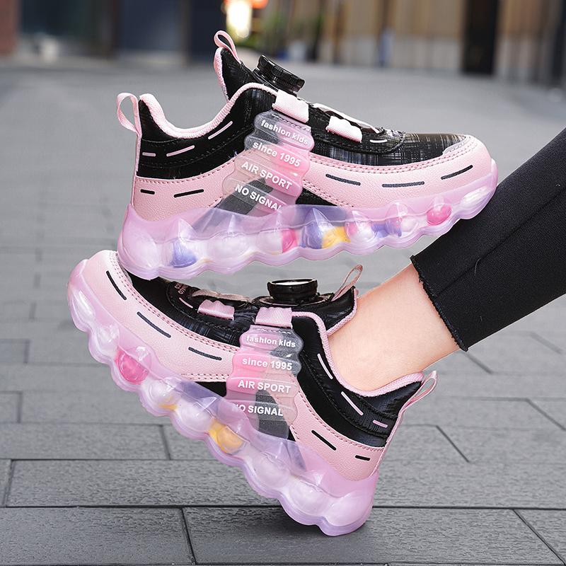 28-38 Children's Pink Leather Waterproof Rotation Buttons Sports Shoes Boys Basketball Sports Shoes Girl Sports Shoes