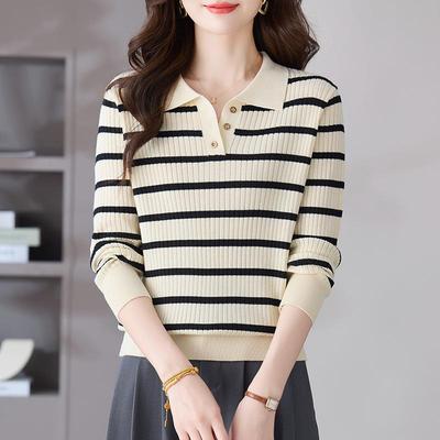 Gestreifter Langarm-Strickpullover mit Polokragen - Neues Damen-Frühlings- und Herbstshirt 2025