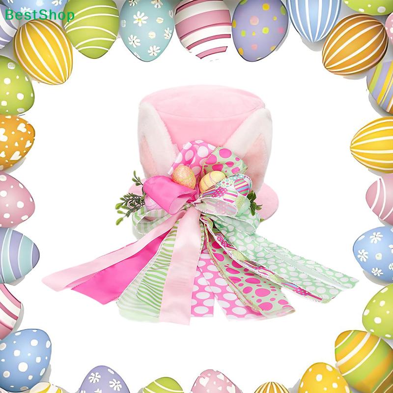 Easter Bunny Top Hat Decoration - Pink & Green Polka Dot Ribbon Design with Mini Eggs