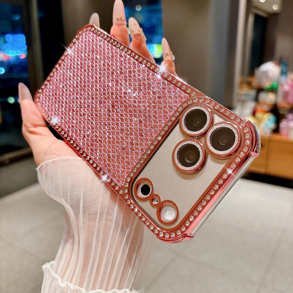 Glitter Diamond Lattice Phone Case with Rhinestones for Apple 17 Pro Max and 16, Four-Corner Drop-Proof, Fits 15