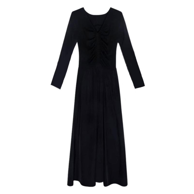French Style Fashion Dresses Sping New Women Solid V-Neck Pleated Temperament Long Sleeve Slim Mid-length A-line Corset Dress