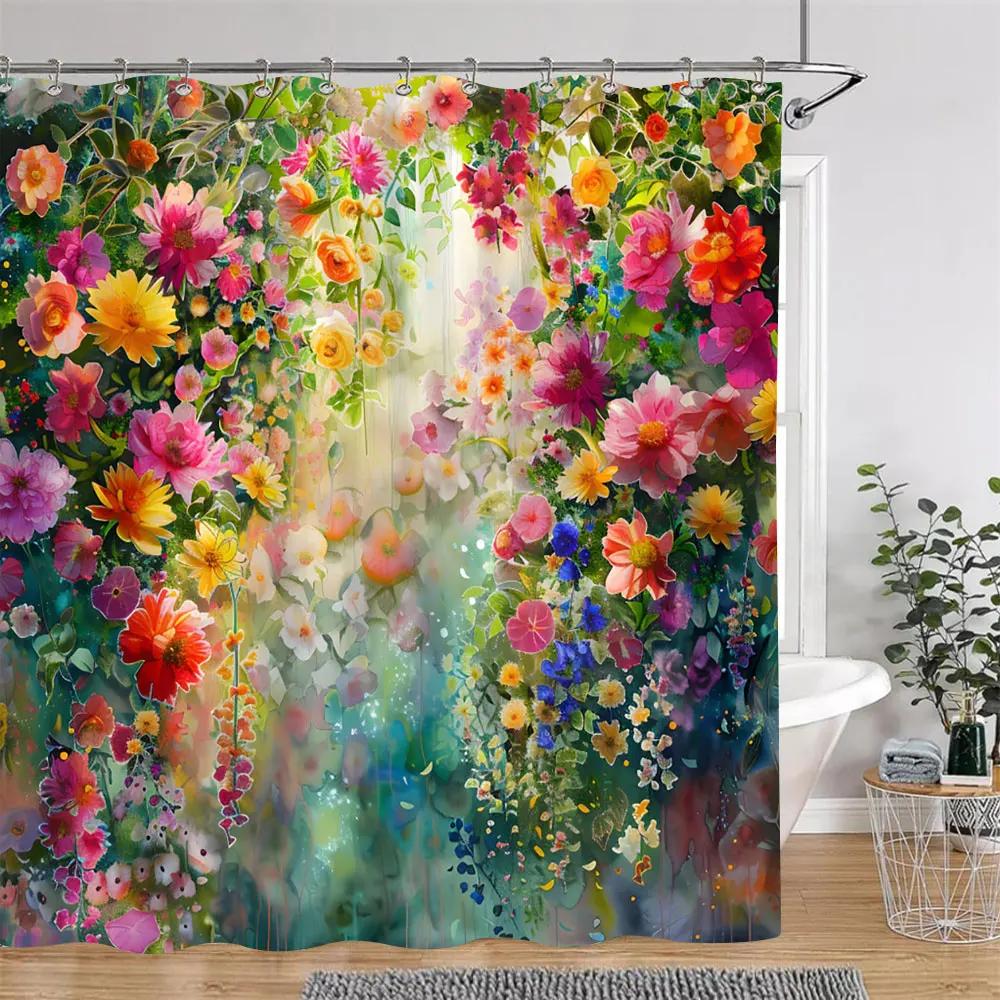 Watercolour Floral Print Shower Curtain Gorgeous Floral Rustic Flower Polyester Fabric Shower Curtains Bathroom Decor with Hooks