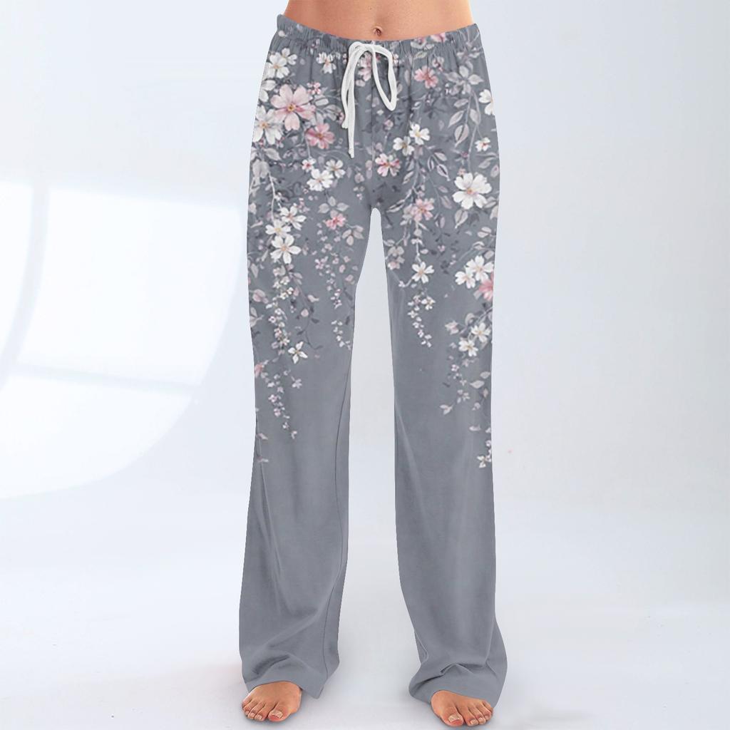 Pantalon Casual Imprimé à Taille Élastique à Cordon de Serrage, Coupe Ample pour Femme
