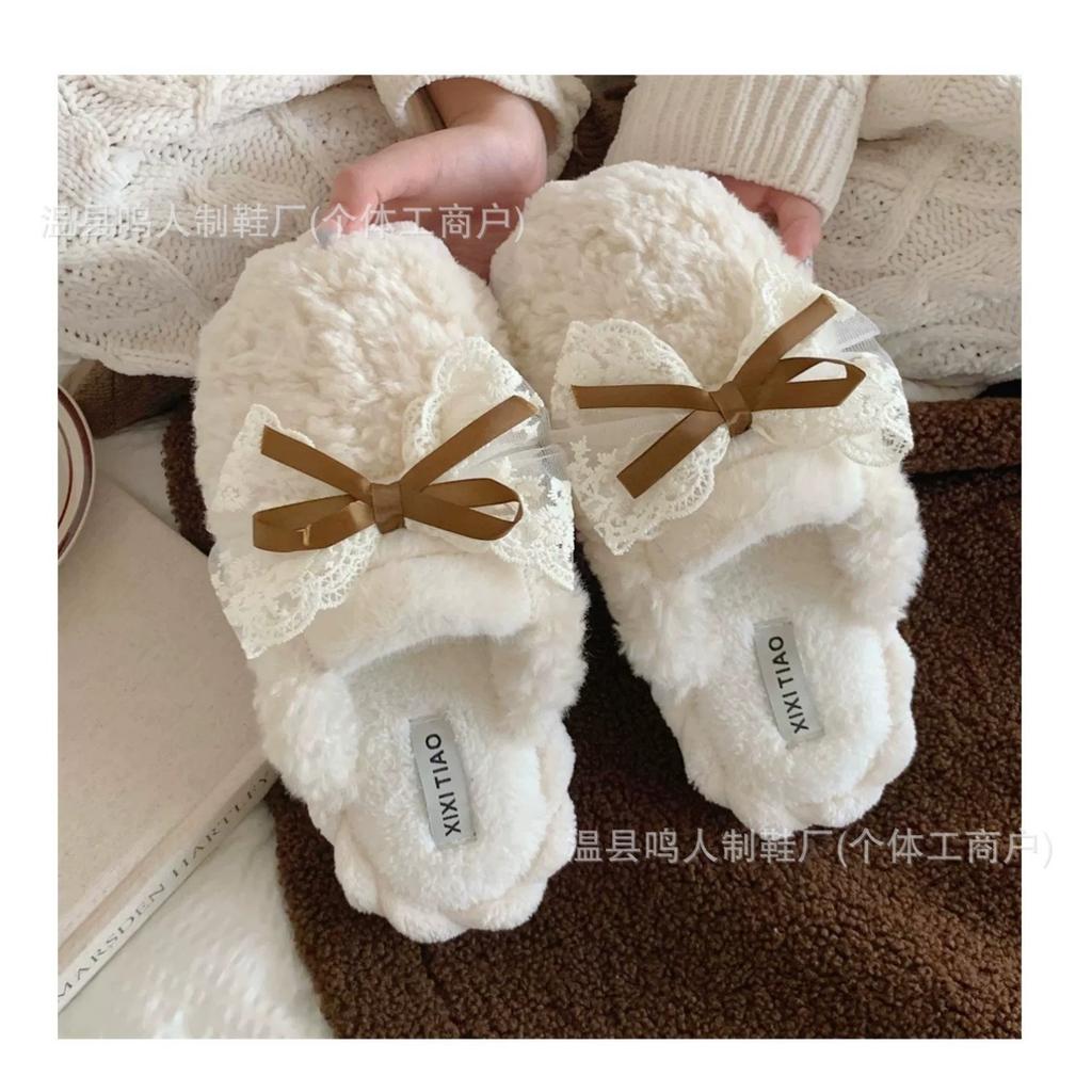 Women's Winter Cotton Slippers Women's Student Edition Bow Comfortable Non-slip Warm Home Leisure Family Slippers Women