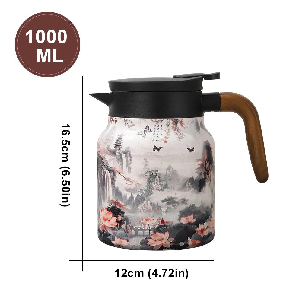 1000ML Double-Layer Vacuum Insulation Tea Pot Floral Pattern Stainless Steel Teapot Built-in Infuser Water Kettle for Hot Drinks