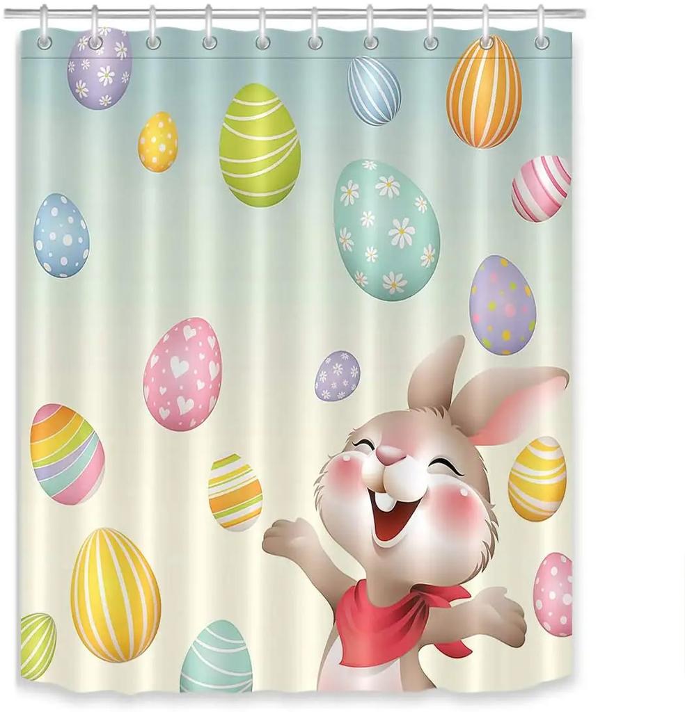 Happy Easter Bunny Shower Curtain Set Funny Cartoon Smile Rabbit Greeting with Colorful Easter Egg Spring Festival Bathroom Deco