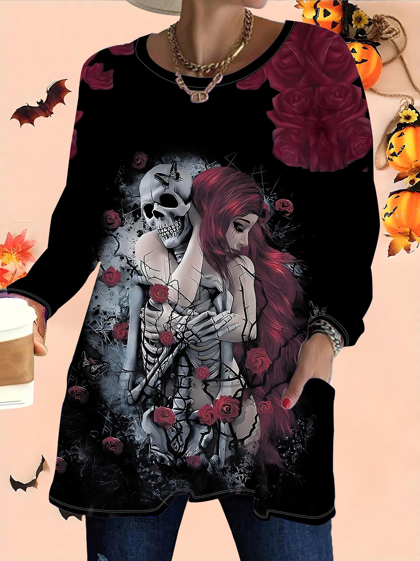 

2025 Осень Зима Новые Женские Топы Большого Размера, Модные Футболки с 3D-принтом на Хэллоуин с Круглым Вырезом и Длинным Рукавом 6XL розовый